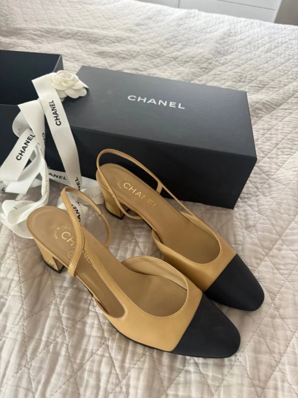 CHANEL Two-Tone Slingback Pumps in Tan and Black